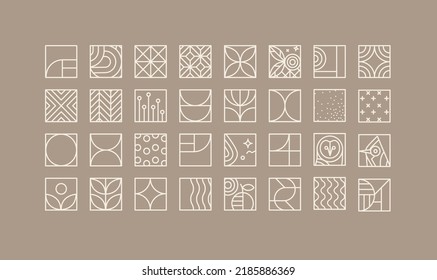 Set of creative modern art deco icons in flat line style drawing on coffee background.