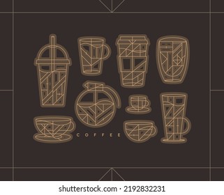 Set of creative modern art deco coffee cups in flat line style drawing on brown background.