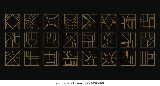 Set of creative modern art deco icons 
in flat line style drawing on black background.