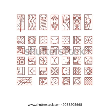 Set of creative modern art deco seafood icons in flat line style drawing on white background.