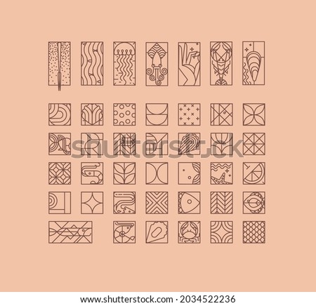 Set of creative modern art deco seafood icons in flat line style drawing on beige background.