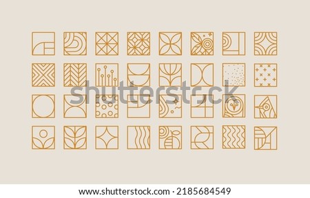 Set of creative modern art deco icons in flat line style drawing on beige background.
