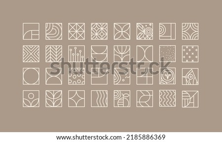 Set of creative modern art deco icons in flat line style drawing on coffee background.