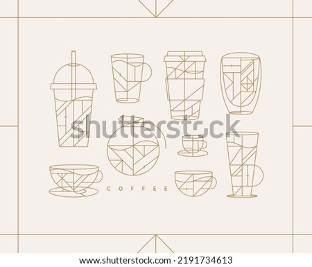 Set of creative modern art deco coffee cups in flat line style drawing on light background.