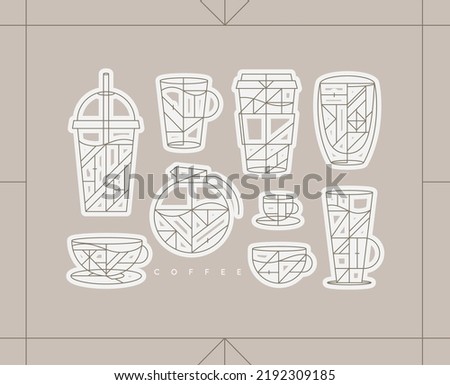 Set of creative modern art deco coffee cups in flat line style drawing on light beige background.