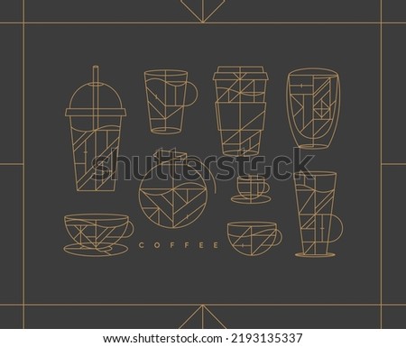 Set of creative modern art deco coffee cups in flat line style drawing on dark background.
