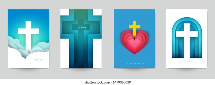 Set of creative modern religious concept with christian cross. Template background for covers, invitations, posters, banners, flyers, placards. Colorful vector illustration.