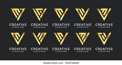 Conjunto de letra inicial de monograma creativo VM con color de estilo dorado. Diseño de logotipos para empresas y empresas.Vector Premium