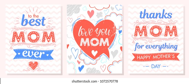 Set Of Creative Mothers Day Cards With With Zig Zag Background,ribbons And Hearts.Seasons Greetings Cards Perfect For Prints, Flyers,banners,invitations,special Offer And More.