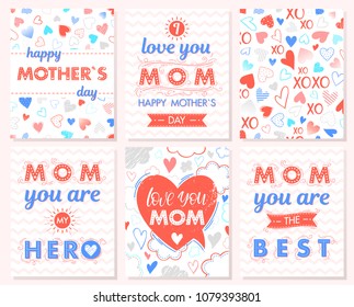 Set of creative Mothers Day cards with hearts,clouds,zig zag background,hugs and kisses,ribbons.Seasons greetings cards perfect for prints, flyers,banners,invitations,special offer and more.