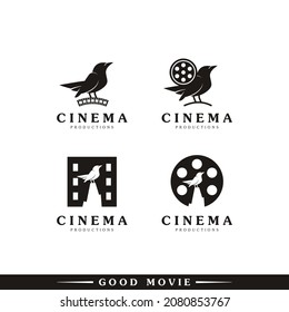 Set of Creative Movie Maker Icon. Combination Cute Bird with Film Equipments Symbol