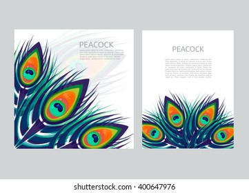 Set of creative multicolored letterhead template with peacock feathers. Low polygon style vector. Brochure design template.