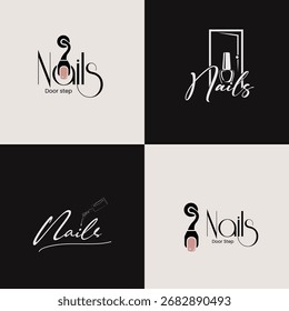 Conjunto de creativos diseños de logotipos de salón de uñas y manicura con elegante tipografía, iconos de esmalte de uñas y conceptos de marca de belleza.