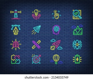 Set of Creative neon sign. Checklist, Innovation, Lighthouse, Air Balloon, Puzzle and more.