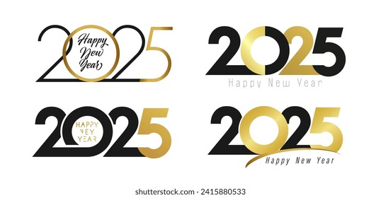 Conjunto de iconos de número creativos. Feliz Año Nuevo 2025 conceptos de diseño. Plantilla de dos colores. Felicitaciones tipográficas. Recogida de tarjetas de felicitación. Gráficos en negro y oro. Tipografía de moda. Decoración de vacaciones.