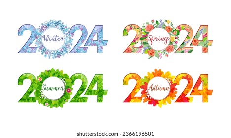 Conjunto de logotipos de números creativos 2024. Feliz Año Nuevo 2024 o feliz invierno, primavera, verano y otoño. Diseño de iconos. Decoración de temporada. Concepto de banner web. Nieve decorativa o ideas florales