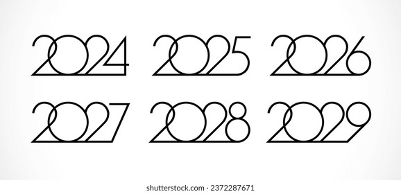 Set of creative numbers from 2024 to 2029. Happy new year icons 2025, 2026, 2027 and 2028. Calendar or planner title. Business style. Black and white concept. Isolated graphic design. Typographic idea svg