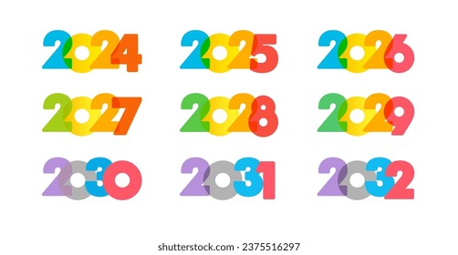 Set of creative numbers from 2024 to 2032. Creative icons 2025, 2026, 2027, 2028, 2029, 2030 and 2031 logo. Calendar or planner cover design. Isolated elements. Colorful concept. New year icons. svg