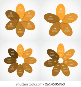 Set of creative orange infographic templates with 5, 6, 7 and 8 options, parts, steps or processes.