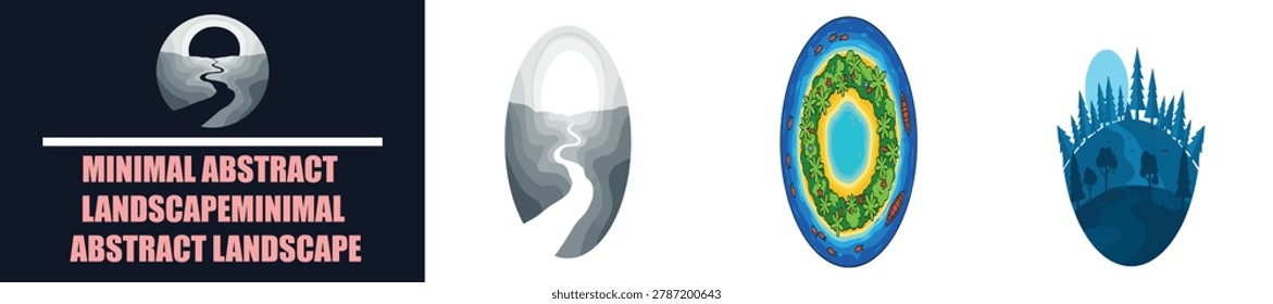 Set of creative oval shaped artistic landscape icons featuring monochrome hills with a river and a vibrant tropical island surrounded by ocean water plus a dark forest scene all arranged in a clean row display on white background