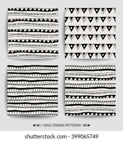 Set of Creative Patterns with Hand Drawn Textures. Geometric print. ethnic hipster backdrop. Patterns for Placards, Posters, Flyers and Banner Designs.