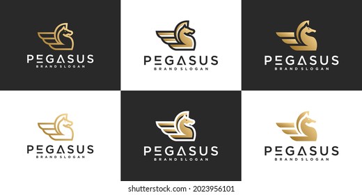 Set of creative Pegasus logo design with modern line art concept, horse, run, fast, for company Premium Vector