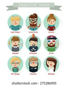  set of creative people, character design, professions, team, CG artist, programmer, photographer, creative director, office manager, HR manager, illustrator, calligrapher, graphic designer, vector