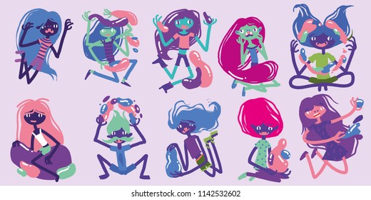 A set with creative people. Creative characters. Dude. Magic creatures. Vector illustration. Child illustration.