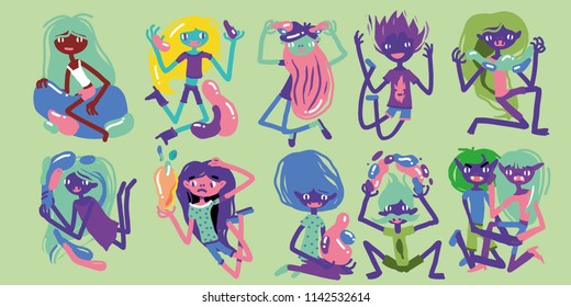 A set with creative people. Creative characters. Dude. Magic creatures. Vector illustration. Child illustration.
