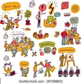 Set creative people in office business color icons isolated
Doodles set with creative people, symbols and icons. Every object is separated. Color vector illustration.