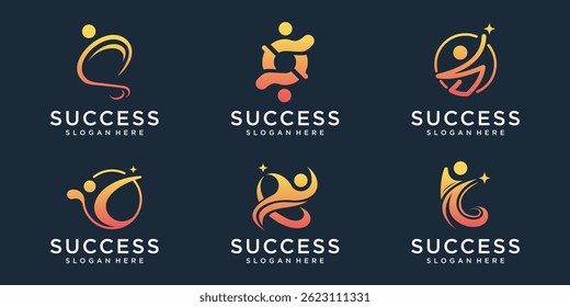 set of creative of people success with arrow line and reach star combine gradient color branding.