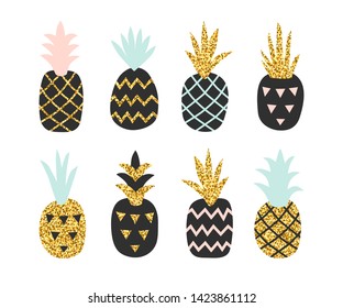 Set of creative pineaooles on white background with gold glitter texture. Scandinavian stylish background with hand drawn geometric pineapple. Vector illustration