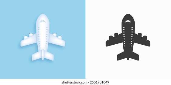 Set of creative plane icon isolated on white and blue background. Top view realistic 3d airplane. Travel flight symbol design template. Vector illustration