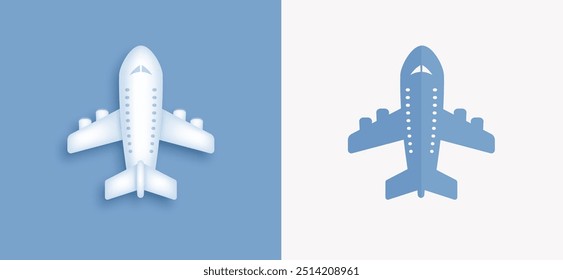 Set of creative plane icon isolated on white and blue background. Top view realistic 3d and flat airplane symbol. Travel flight pictogram design template. Vector illustration