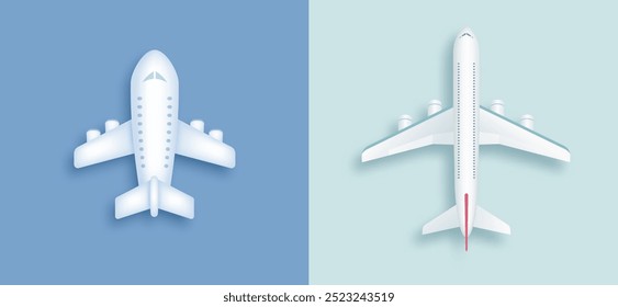 Set of creative plane icon isolated on blue background. Top view realistic 3d airplane symbol. Travel flight pictogram design template. Vector illustration