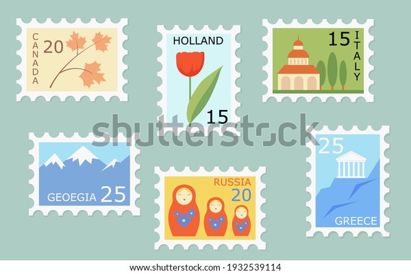Set of creative post stamps\
with different countries landmarks and symbols. Fun postage stamp\
vector designs for using on envelopes. Mail and post office\
concept.