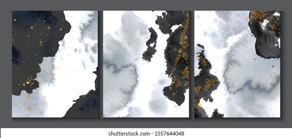 Set of creative postcards with black watercolor and golden sequins.Collection of hand drawn artistic creative universal cards templates.Design invitations, brochures and more.Vector illustration