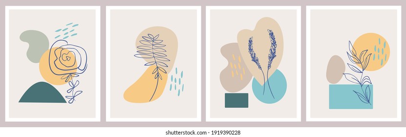 A set of creative posters. Modern abstract background in pastel colors. Minimal geometric shapes, botanical plant and flower elements, line art. Designs for social media marketing, stylish prints.