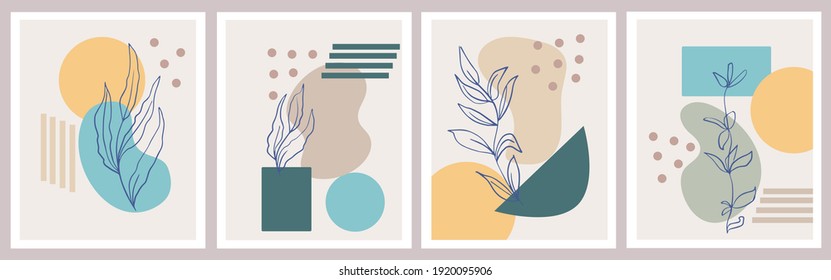 A set of creative posters. Modern abstract background in pastel colors. Minimal geometric shapes, botanical plant and flower elements, line art. Designs for social media marketing, stylish prints.