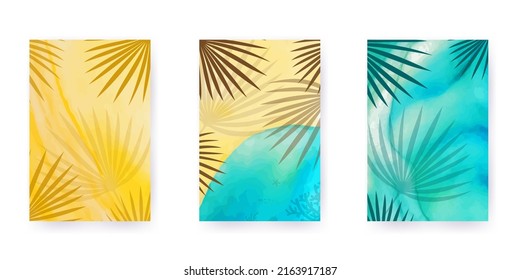 A set of creative posters on the theme of summer holidays. Watercolor background with palm leaves. Sun, beach, sea, jungle. Beautiful vector illustration.
