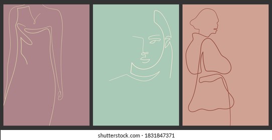 Set of creative posters in pastel colors. Minimalistic trending abstract backgrounds for your social networks, stories. Vintage illustrations with thin lines, female silhouettes, faces.