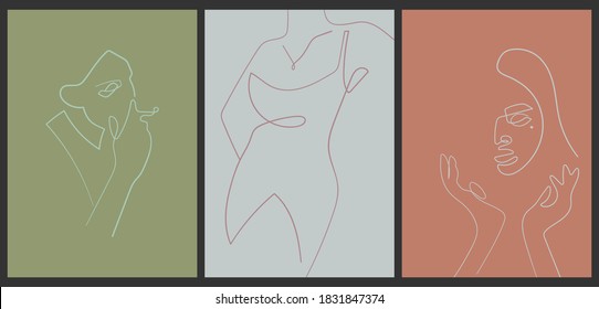 Set of creative posters in pastel colors. Minimalistic trending abstract backgrounds for your social networks, stories. Vintage illustrations with thin lines, female silhouettes, faces.