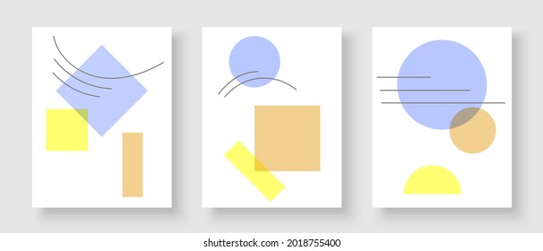Set of creative posters for wall decoration in modern minimalist art style. Abstract lines and geometric shapes. Design for postcards, brochures and print. Vector illustration.