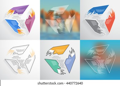 Set of creative presentation pie charts, annual report templates. 3 steps, parts, options or processes. Design for business data visualization