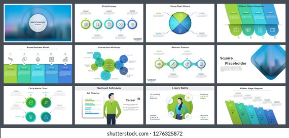 Set of creative presentation templates, page or slide layout design with infographic elements for company report, business analytics visualization. Vector illustration in realistic and flat style.