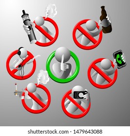Set of creative prohibition signs. Do not smoke, do not use headphones, a camera, etc. Vektor