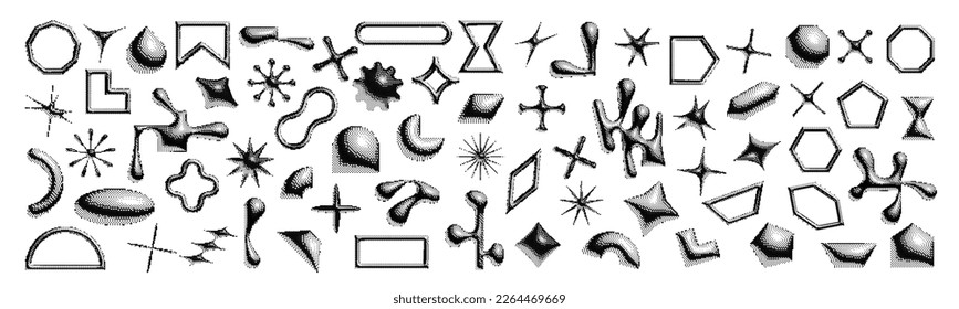 Set of creative pseudo 3d shapes. Halftone effect figures. Abstract geometric elements, triangle, star and circle forms