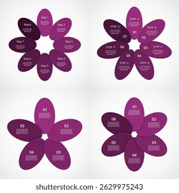 Set kreativer violetter Infografik-Vorlagen mit 5, 6, 7 und 8 Schritten, Optionen, Teilen oder Prozessen.