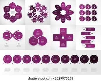 Conjunto de Plantillas creativas de infografía púrpura con 2, 3, 4, 5, 6, 7, 8, 9 y 10 pasos, opciones, partes o procesos.