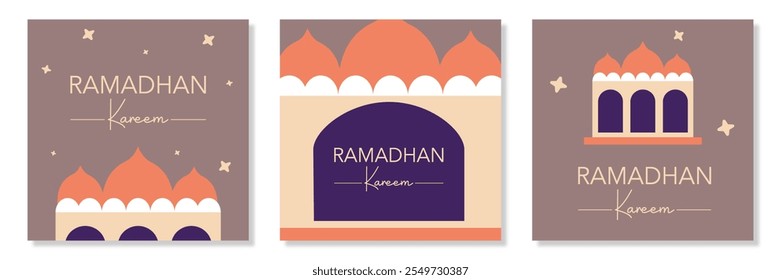 Set of creative Ramadan Kareem, Eid Mubarak, Eid al Adha, and Eid al Fitr vector illustration with calligraphy, star, mosque on brown color background for banner, greeting card, poster, social media